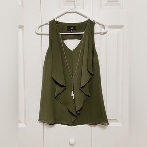 42. Iz Byer | Women’s Olive Green Sleeveless Blouse With Crystal Necklace | NWOT